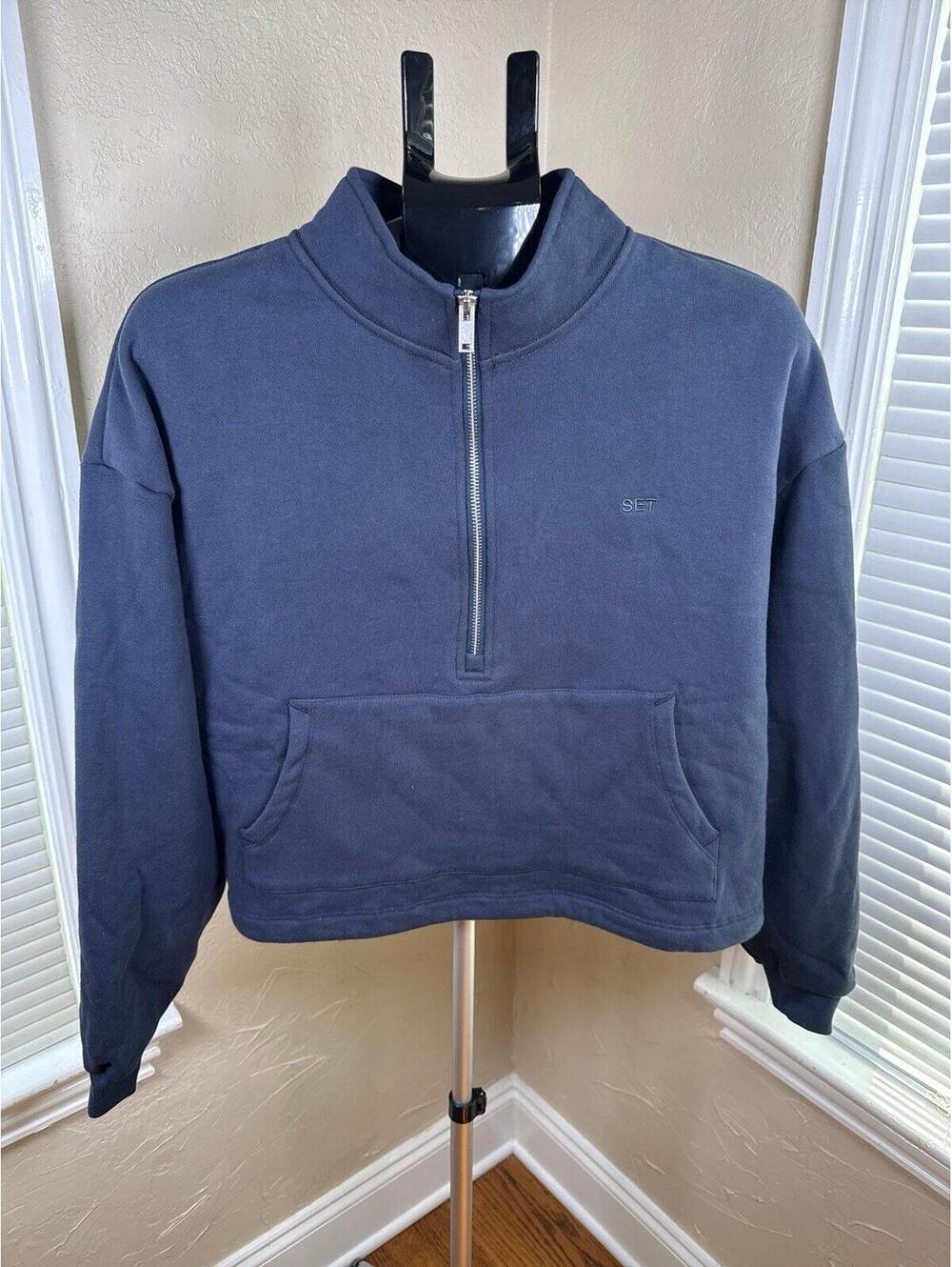 SET‎ Active Sportbody Half Zip Sweatshirt Navy Cropped Pullover Size S N